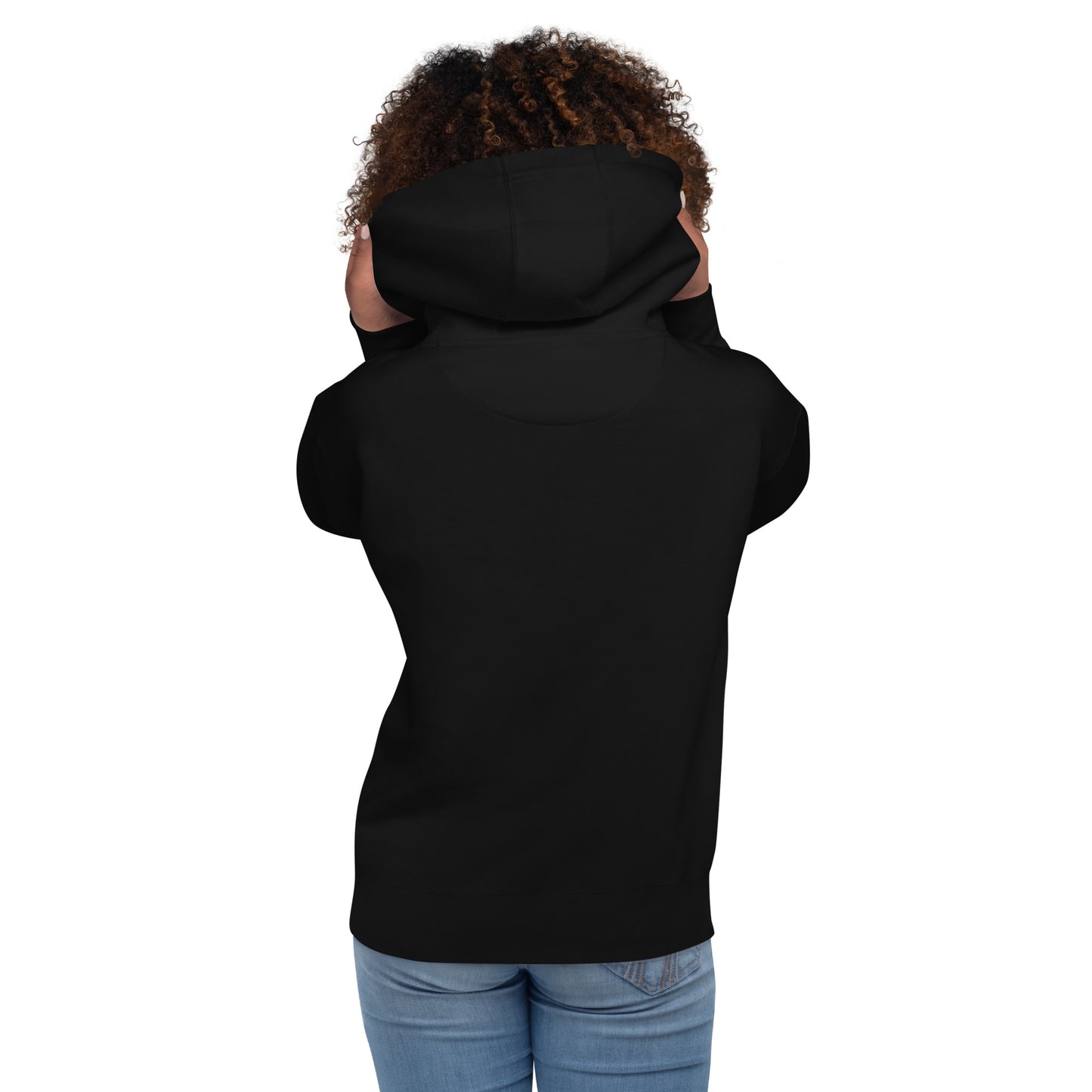 A black female wearing a pullover hoodie(backview) with a stylish red graphic of a stylized skull wearing a fedora hat and a mustache. Purple cross symbols are scattered around the skull, and the text 'NIBO' is written below it. The design is a spiritual nod to Haitian Gede culture.