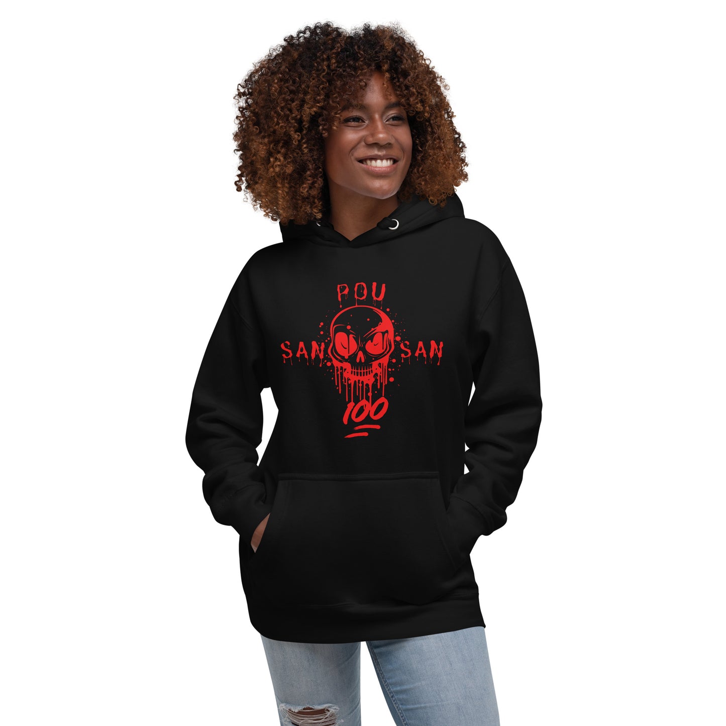 Smiling black woman model wearing a black hoodie with a bold red graphic of a stylized skull with drips and splatters. The text 'SAN POU SAN' is on either side of the skull, and '100' is at the bottom, all in red. She is standing with her hands in the hoodie pouch. The design is a powerful statement of loyalty and the phrase 'blood for blood.