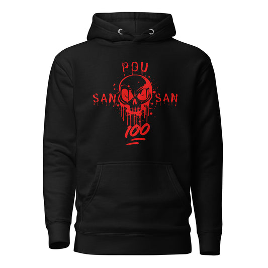 A black hoodie with a bold red graphic of a stylized skull with drips and splatters. The text 'SAN POU SAN' is on either side of the skull, and '100' is at the bottom, all in red. The design is a powerful statement of loyalty and the phrase 'blood for blood.