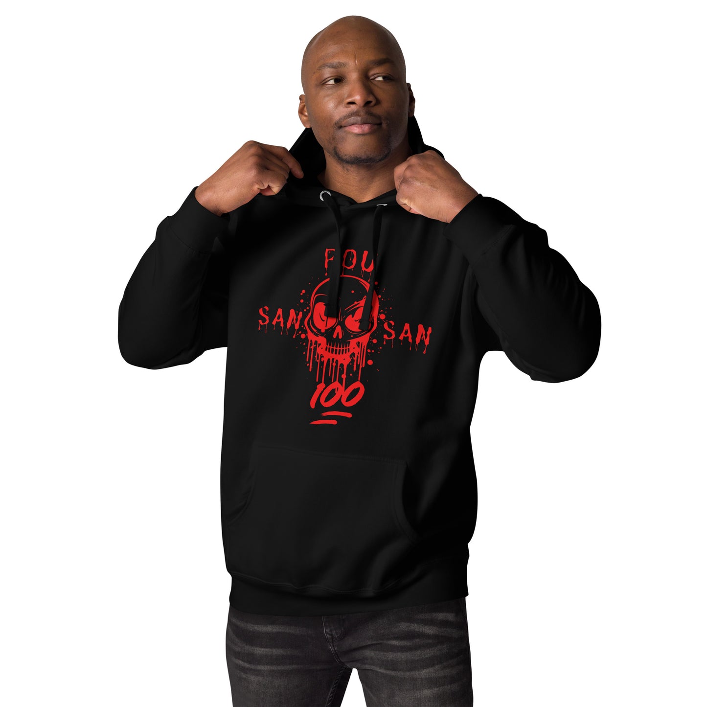 black man model wearing a black hoodie with a bold red graphic of a stylized skull with drips and splatters. The text 'SAN POU SAN' is on either side of the skull, and '100' is at the bottom, all in red. he is standing with her hands holding the hood of the hoodie. The design is a powerful statement of loyalty and the phrase 'blood for blood.