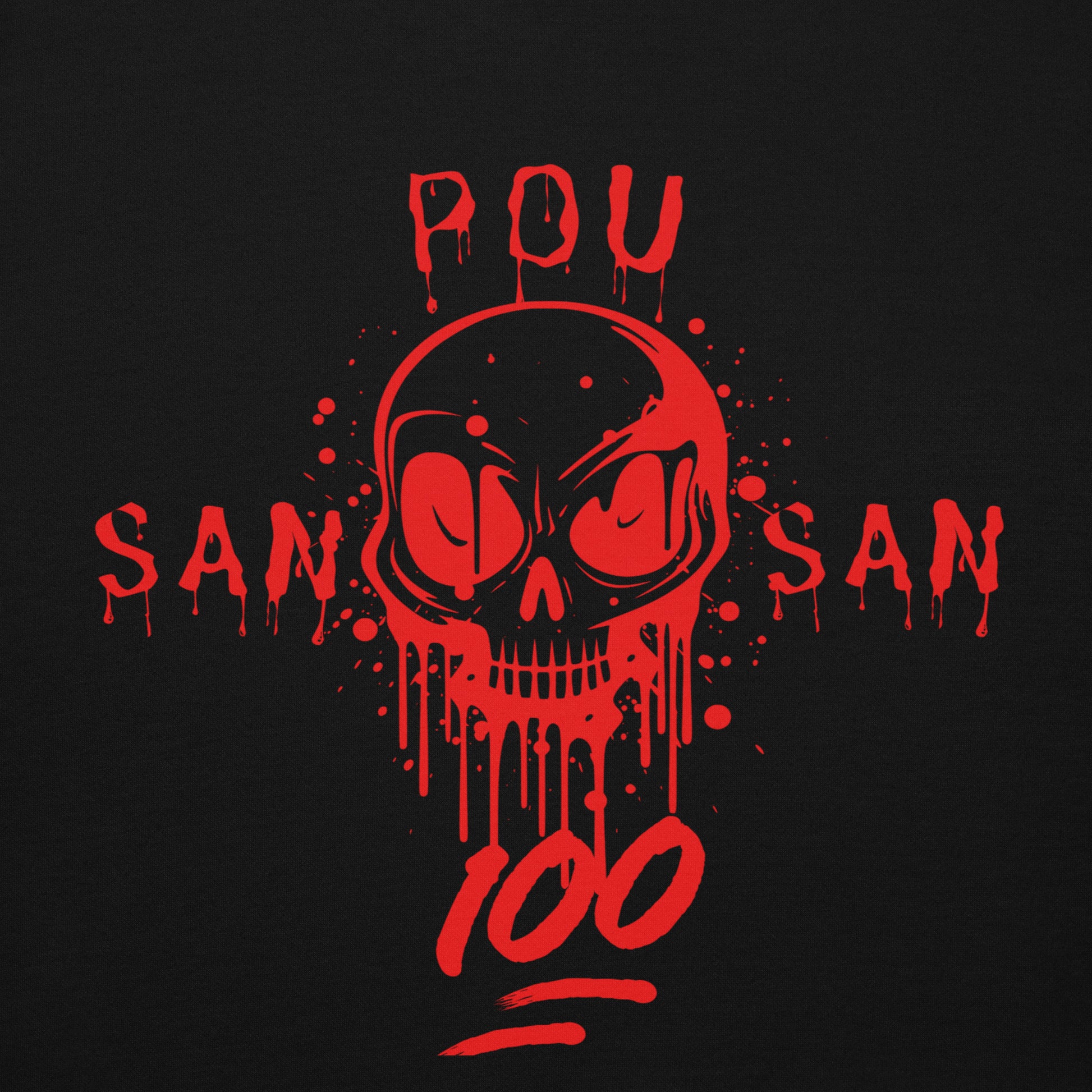 bold red graphic of a stylized skull with drips and splatters. The text 'SAN POU SAN' is on either side of the skull, and '100' is at the bottom, all in red.