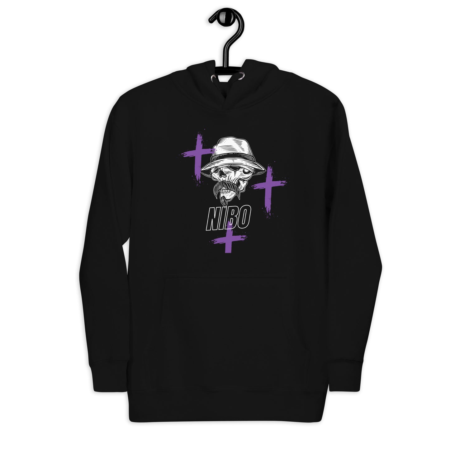 A black pullover hoodie with a stylish red graphic of a stylized skull wearing a fedora hat and a mustache. Purple cross symbols are scattered around the skull, and the text 'NIBO' is written below it. The design is a spiritual nod to Haitian Gede culture.