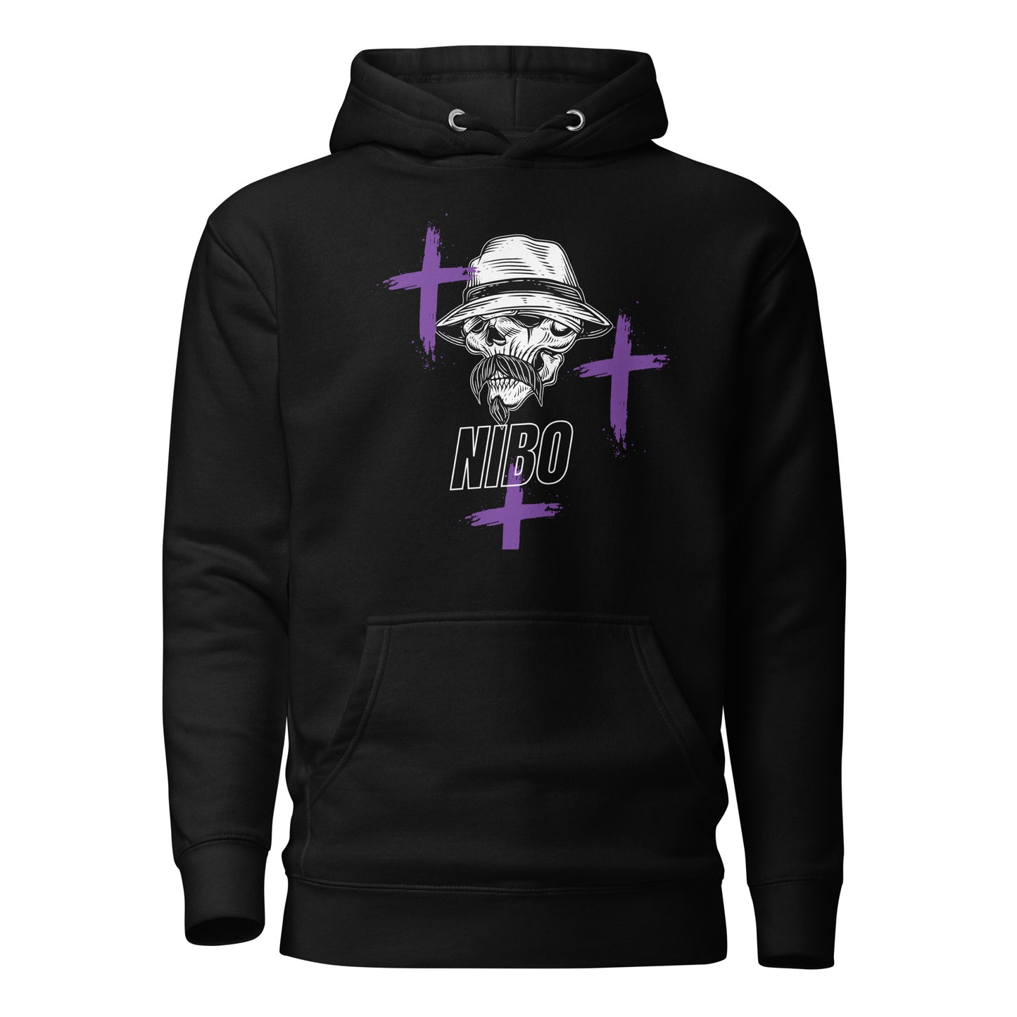 A black pullover hoodie with a stylish red graphic of a stylized skull wearing a fedora hat and a mustache. Purple cross symbols are scattered around the skull, and the text 'NIBO' is written below it. The design is a spiritual nod to Haitian Gede culture.