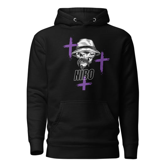 A black pullover hoodie with a stylish red graphic of a stylized skull wearing a fedora hat and a mustache. Purple cross symbols are scattered around the skull, and the text 'NIBO' is written below it. The design is a spiritual nod to Haitian Gede culture.