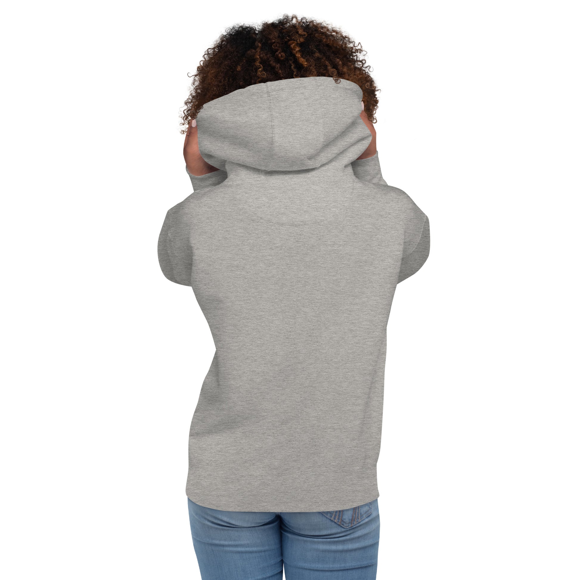 Back view of black woman model wearing a grey hoodie with a bold red graphic of a stylized skull with drips and splatters. The text 'SAN POU SAN' is on either side of the skull, and '100' is at the bottom, all in red. She is standing with her hands holding the hand of the hoodie. The design is a powerful statement of loyalty and the phrase 'blood for blood.