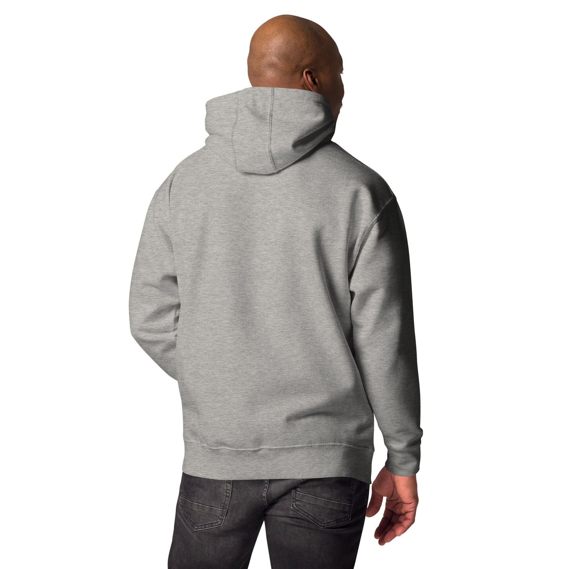 Back view of black woman model wearing a grey hoodie with a bold red graphic of a stylized skull with drips and splatters. The text 'SAN POU SAN' is on either side of the skull, and '100' is at the bottom, all in red. Se is standing with his hand in the pouch of the hoodie The design is a powerful statement of loyalty and the phrase 'blood for blood.