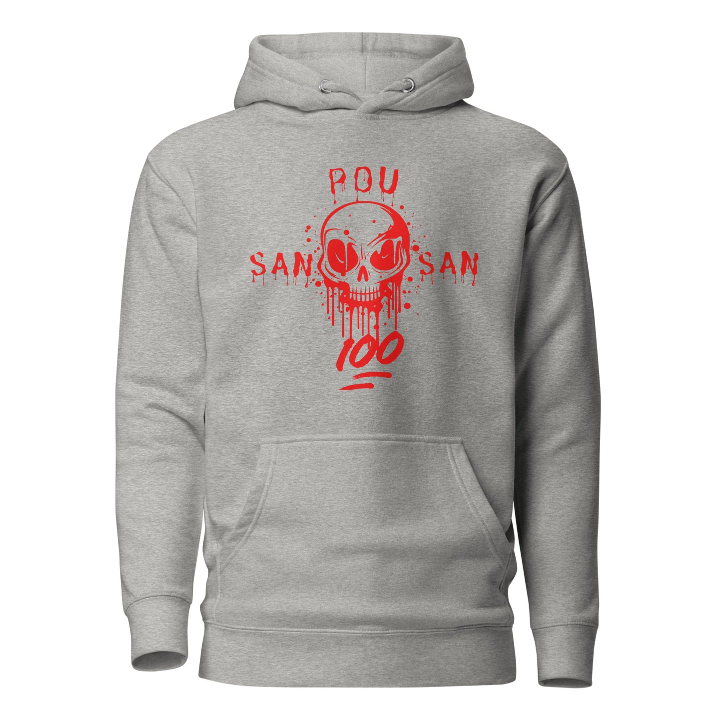 A grey hoodie with a bold red graphic of a stylized skull with drips and splatters. The text 'SAN POU SAN' is on either side of the skull, and '100' is at the bottom, all in red. The design is a powerful statement of loyalty and the phrase 'blood for blood.