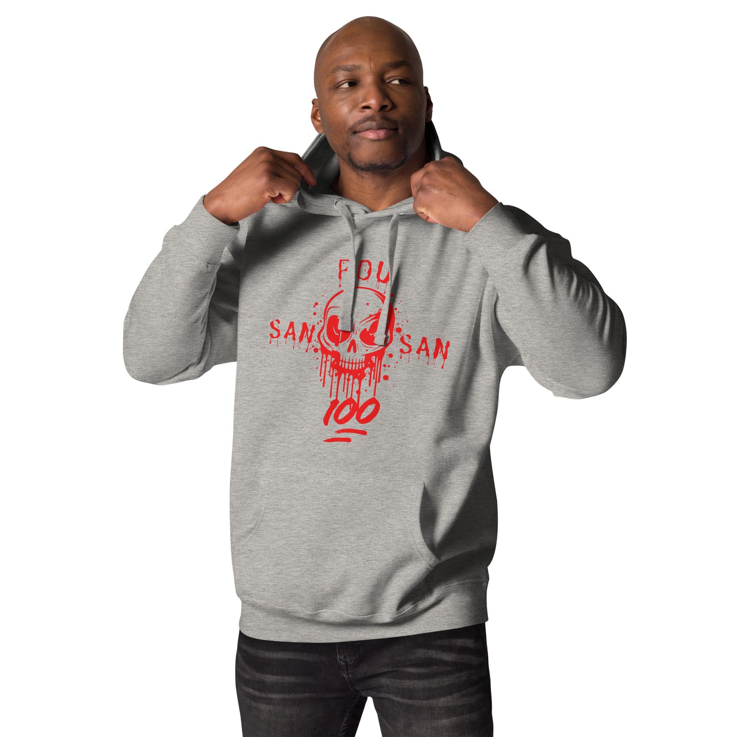 black man model wearing a grey hoodie with a bold red graphic of a stylized skull with drips and splatters. The text 'SAN POU SAN' is on either side of the skull, and '100' is at the bottom, all in red. he is standing with his hand in holding the hood of the hoodie. The design is a powerful statement of loyalty and the phrase 'blood for blood.