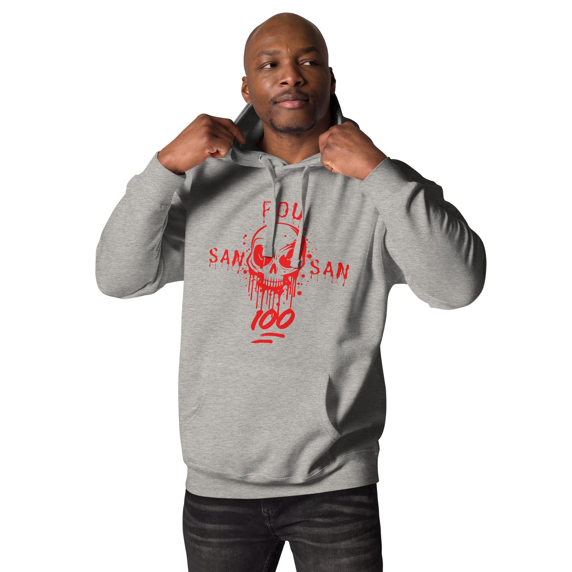 black man model wearing a grey hoodie with a bold red graphic of a stylized skull with drips and splatters. The text 'SAN POU SAN' is on either side of the skull, and '100' is at the bottom, all in red. he is standing with his hand in holding the hood of the hoodie. The design is a powerful statement of loyalty and the phrase 'blood for blood.