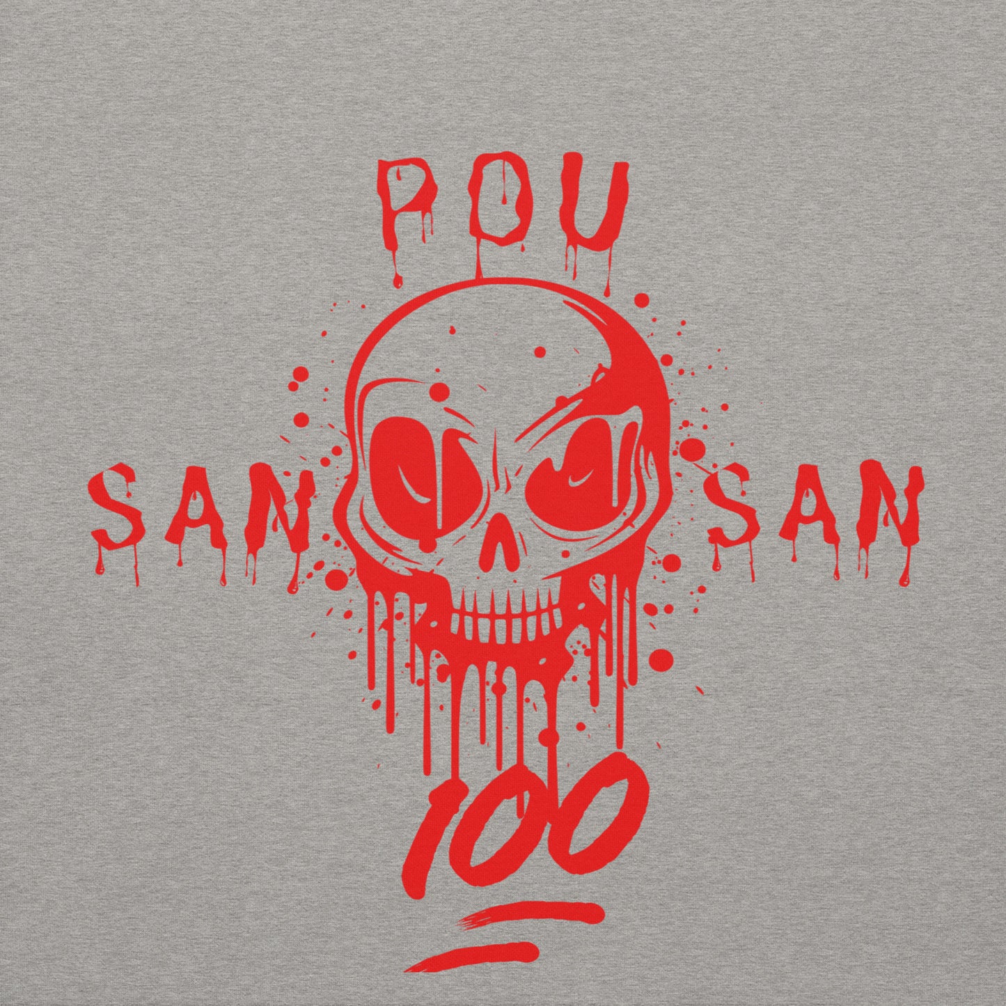bold red graphic of a stylized skull with drips and splatters. The text 'SAN POU SAN' is on either side of the skull, and '100' is at the bottom, all in red.