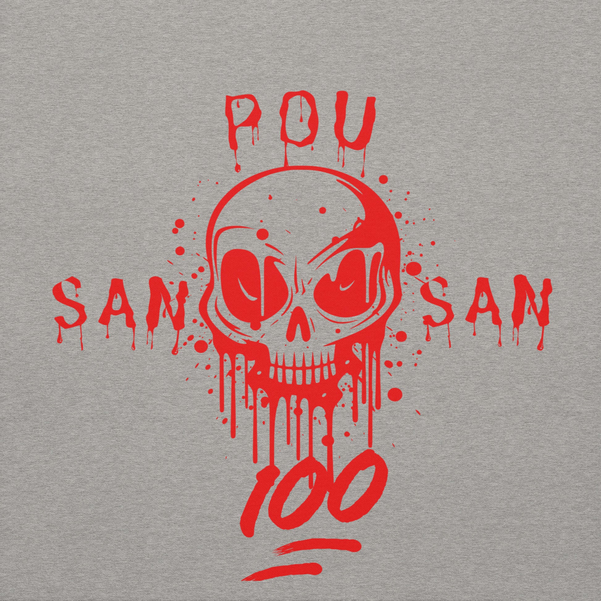 bold red graphic of a stylized skull with drips and splatters. The text 'SAN POU SAN' is on either side of the skull, and '100' is at the bottom, all in red.