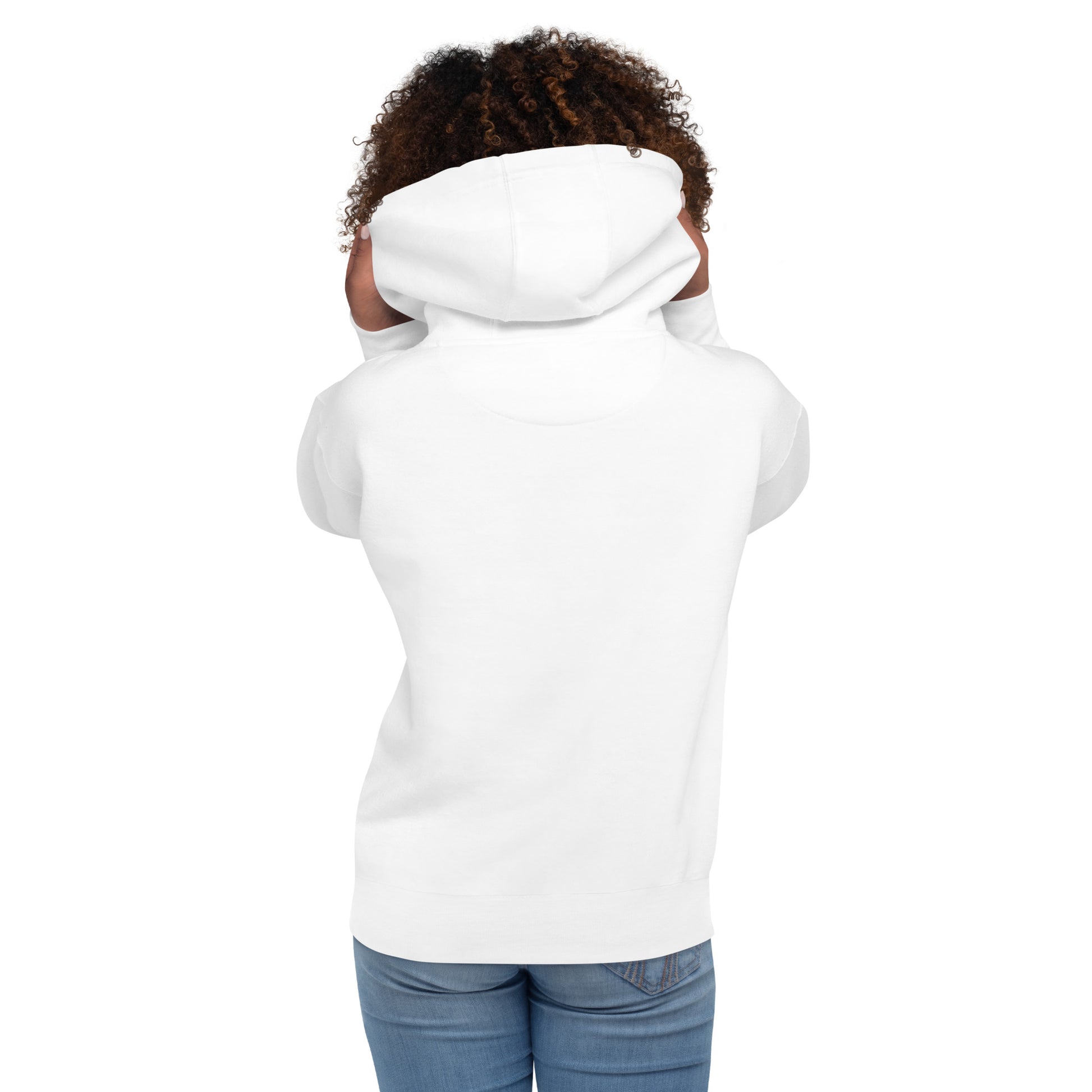 Back view of black woman model wearing a white hoodie with a bold red graphic of a stylized skull with drips and splatters. The text 'SAN POU SAN' is on either side of the skull, and '100' is at the bottom, all in red. She is standing with her hands holding the hand of the hoodie. The design is a powerful statement of loyalty and the phrase 'blood for blood.