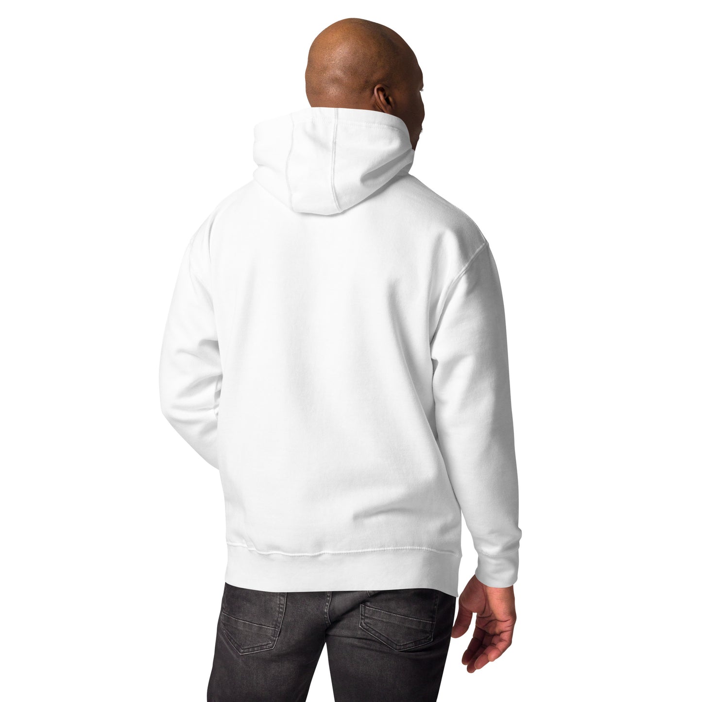 Back view of black man model wearing a white hoodie with a bold red graphic of a stylized skull with drips and splatters. The text 'SAN POU SAN' is on either side of the skull, and '100' is at the bottom, all in red. he is standing with one hand in the pouch of the hoodie. The design is a powerful statement of loyalty and the phrase 'blood for blood.