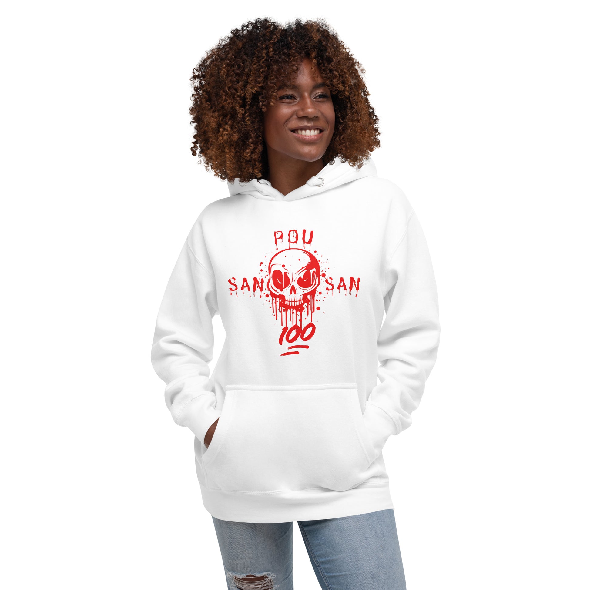 Smiling black woman model wearing a white hoodie with a bold red graphic of a stylized skull with drips and splatters. The text 'SAN POU SAN' is on either side of the skull, and '100' is at the bottom, all in red. She is standing with her hands in the hoodie pouch. The design is a powerful statement of loyalty and the phrase 'blood for blood.