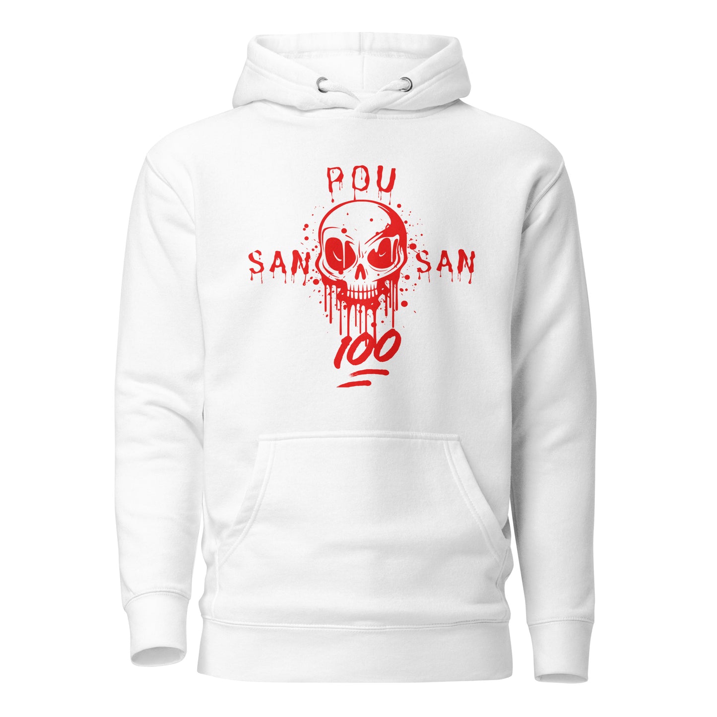A white hoodie with a bold red graphic of a stylized skull with drips and splatters. The text 'SAN POU SAN' is on either side of the skull, and '100' is at the bottom, all in red. The design is a powerful statement of loyalty and the phrase 'blood for blood.