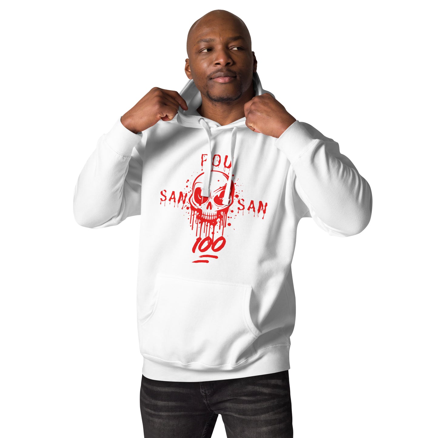 black man model wearing a white hoodie with a bold red graphic of a stylized skull with drips and splatters. The text 'SAN POU SAN' is on either side of the skull, and '100' is at the bottom, all in red. he is standing with his hand in holding the hood of the hoodie. The design is a powerful statement of loyalty and the phrase 'blood for blood.