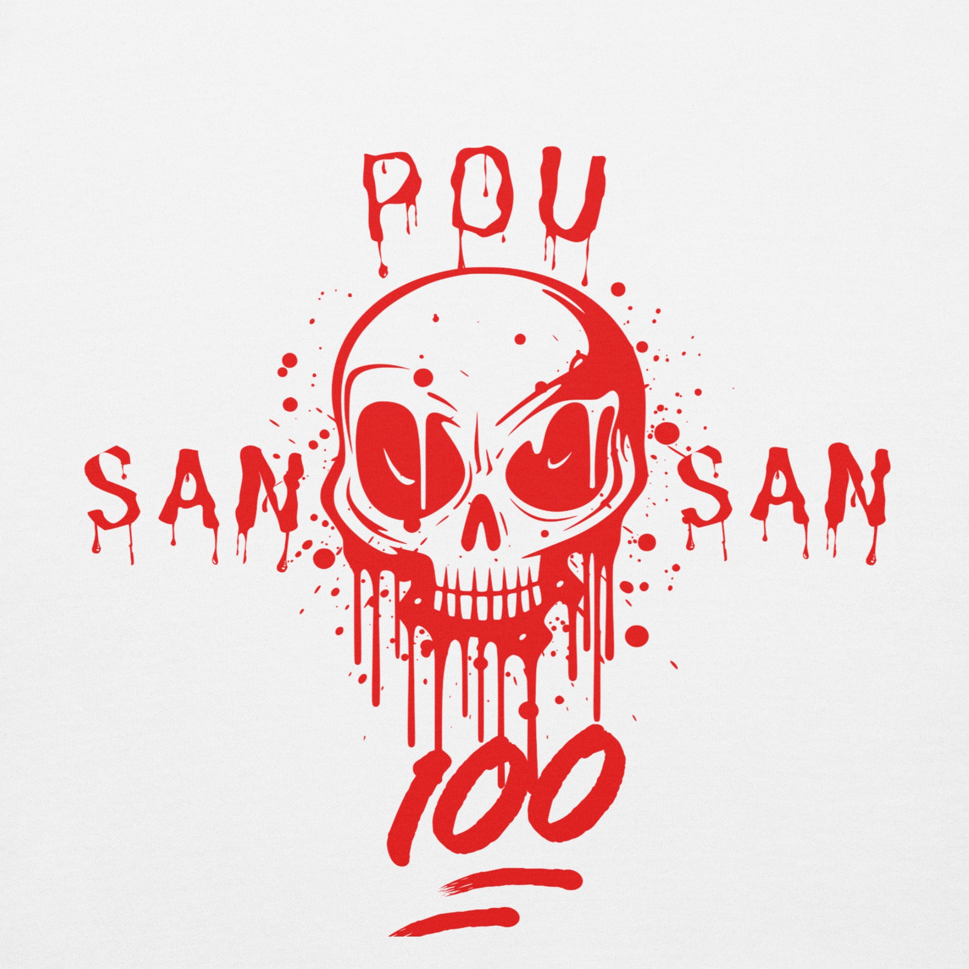 bold red graphic of a stylized skull with drips and splatters. The text 'SAN POU SAN' is on either side of the skull, and '100' is at the bottom, all in red.