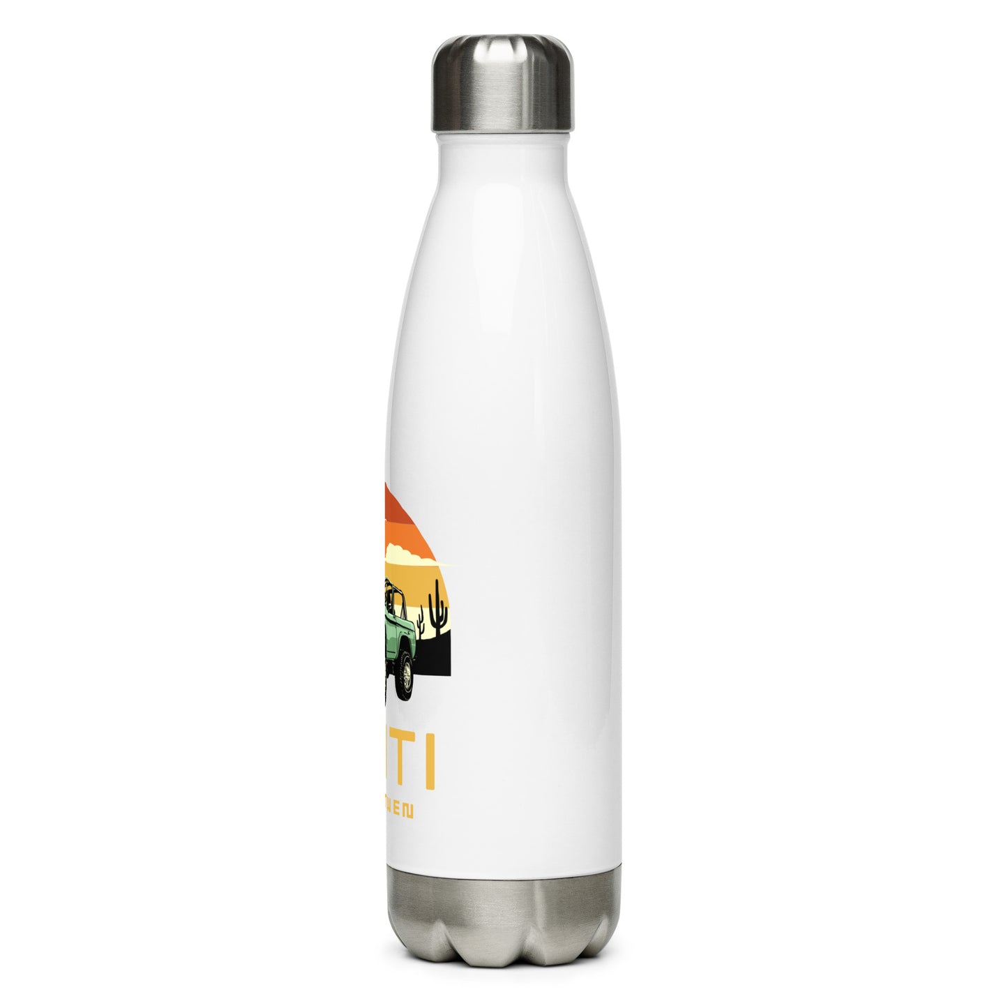 A white insulated water bottle with a silver cap and base, featuring a circular orange and yellow sunset graphic with a green vintage Jeep, black mountains, and cactus silhouettes. The text 'HAITI' is below the graphic in orange, with 'LAKAY MWEN' underneath it. The bottle is slightly turned, showing its left side
