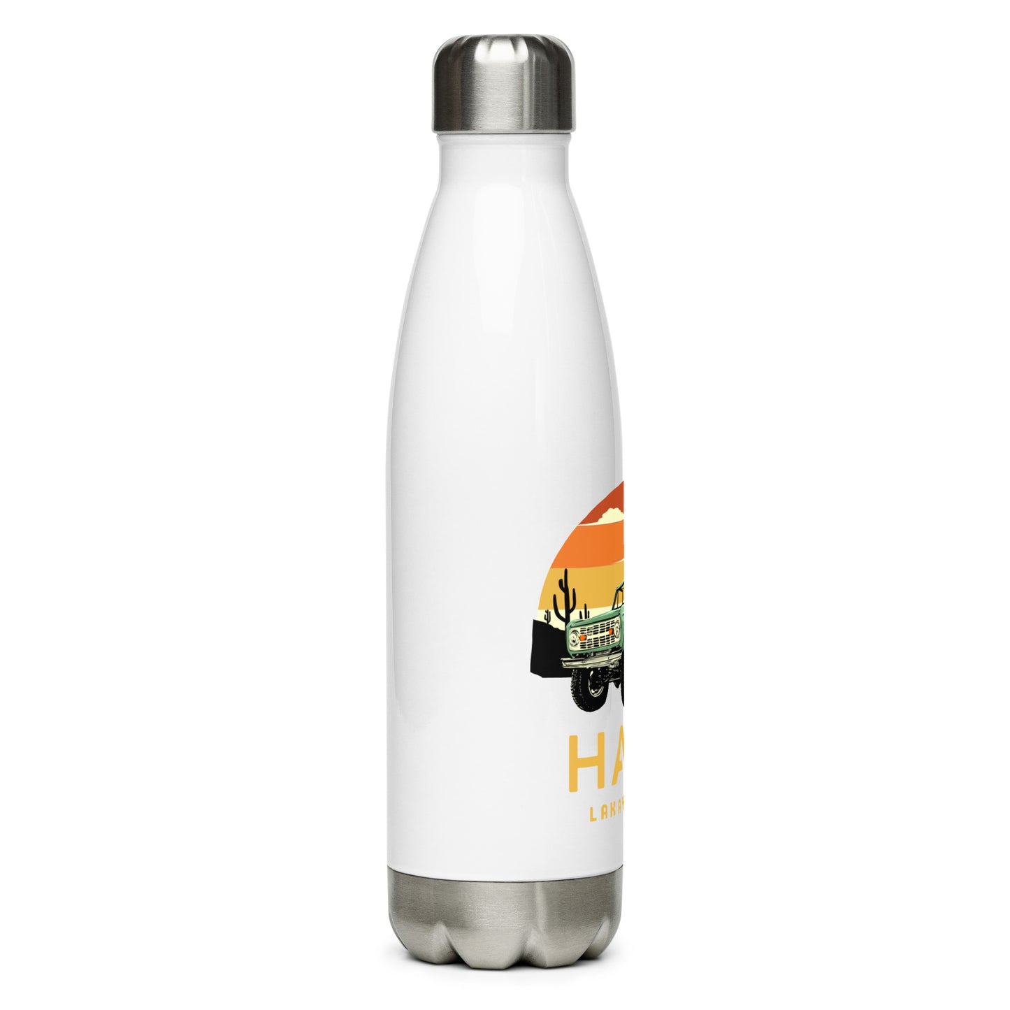 A white insulated water bottle with a silver cap and base, featuring a circular orange and yellow sunset graphic with a green vintage Jeep, black mountains, and cactus silhouettes. The text 'HAITI' is below the graphic in orange, with 'LAKAY MWEN' underneath it. The bottle is slightly turned, showing its right side