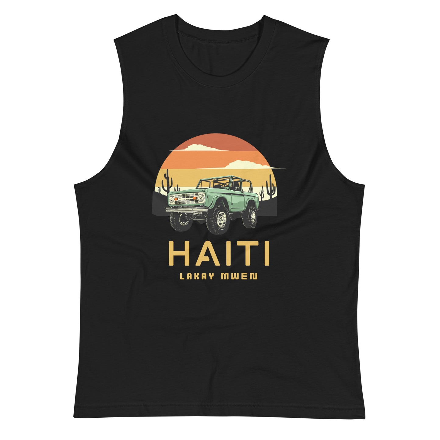 A black Bella+Canvas 'HAITI LAKAY MWEN' unisex muscle tank top (front view) featuring a retro sunset and green vintage Jeep graphic