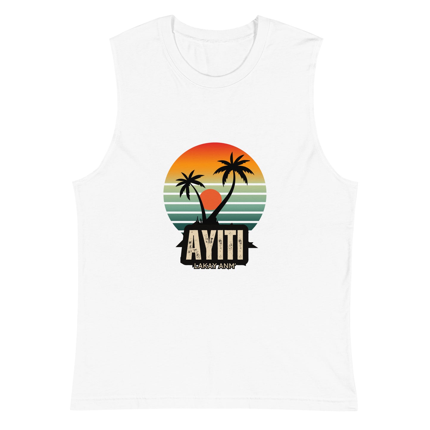 White Bella+Canvas 'AYITI LAKAY ANM'' unisex muscle tank top (front view) with a vibrant orange and blue sunset graphic featuring two palm trees silhouetted.