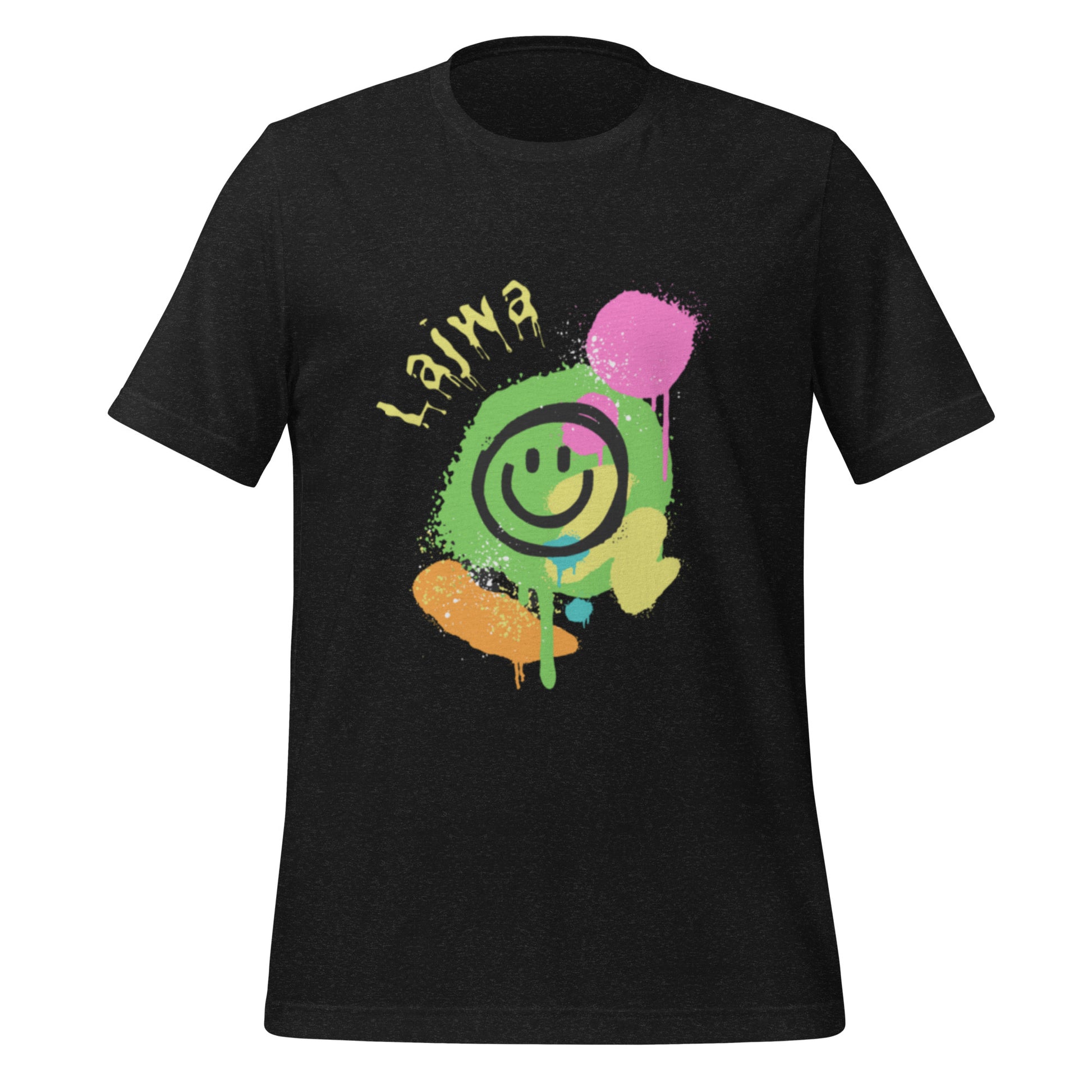 Black Bella+Canvas 'Lajwa' unisex T-shirt (front view) with a colorful dripping paint smiley face graphic in bright pink, green, orange, and yellow.