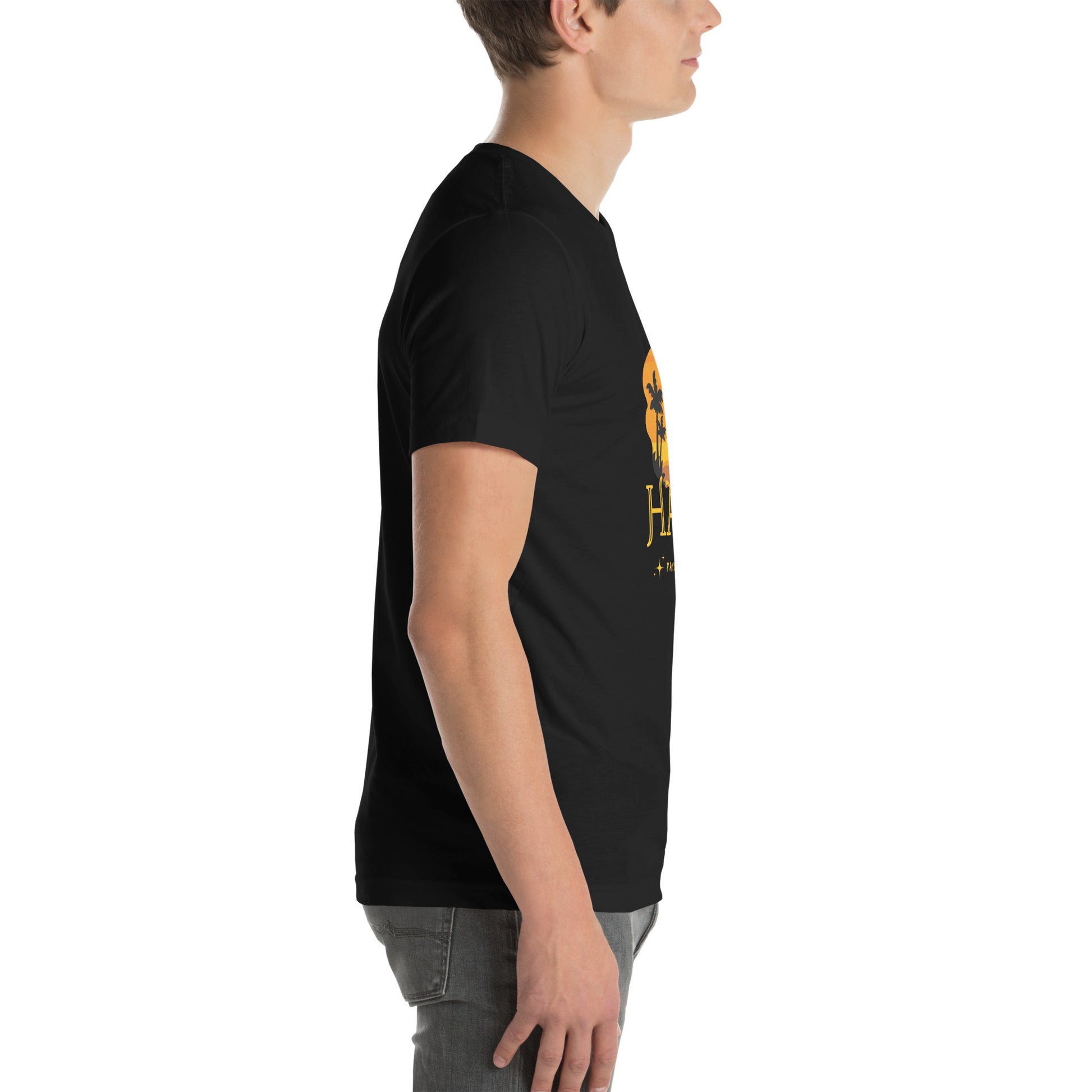 A white man wearing a black Bella+Canvas 'HAYTI PAYS DE RÊVE' unisex T-shirt (right side view) featuring a golden hour sunset graphic with palm trees and twinkling stars. White background.