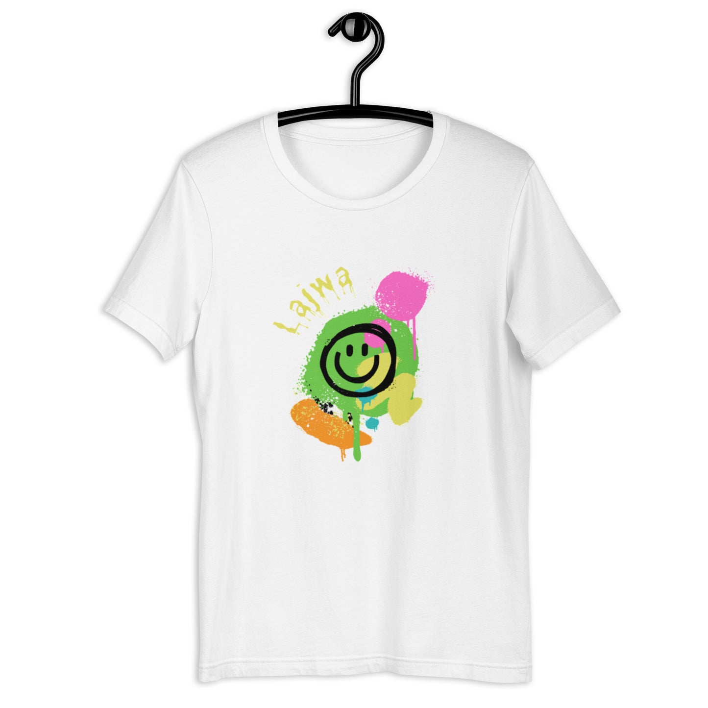 White Bella+Canvas 'Lajwa' unisex T-shirt (front view) with a colorful dripping paint smiley face graphic in bright pink, green, orange, and yellow.
