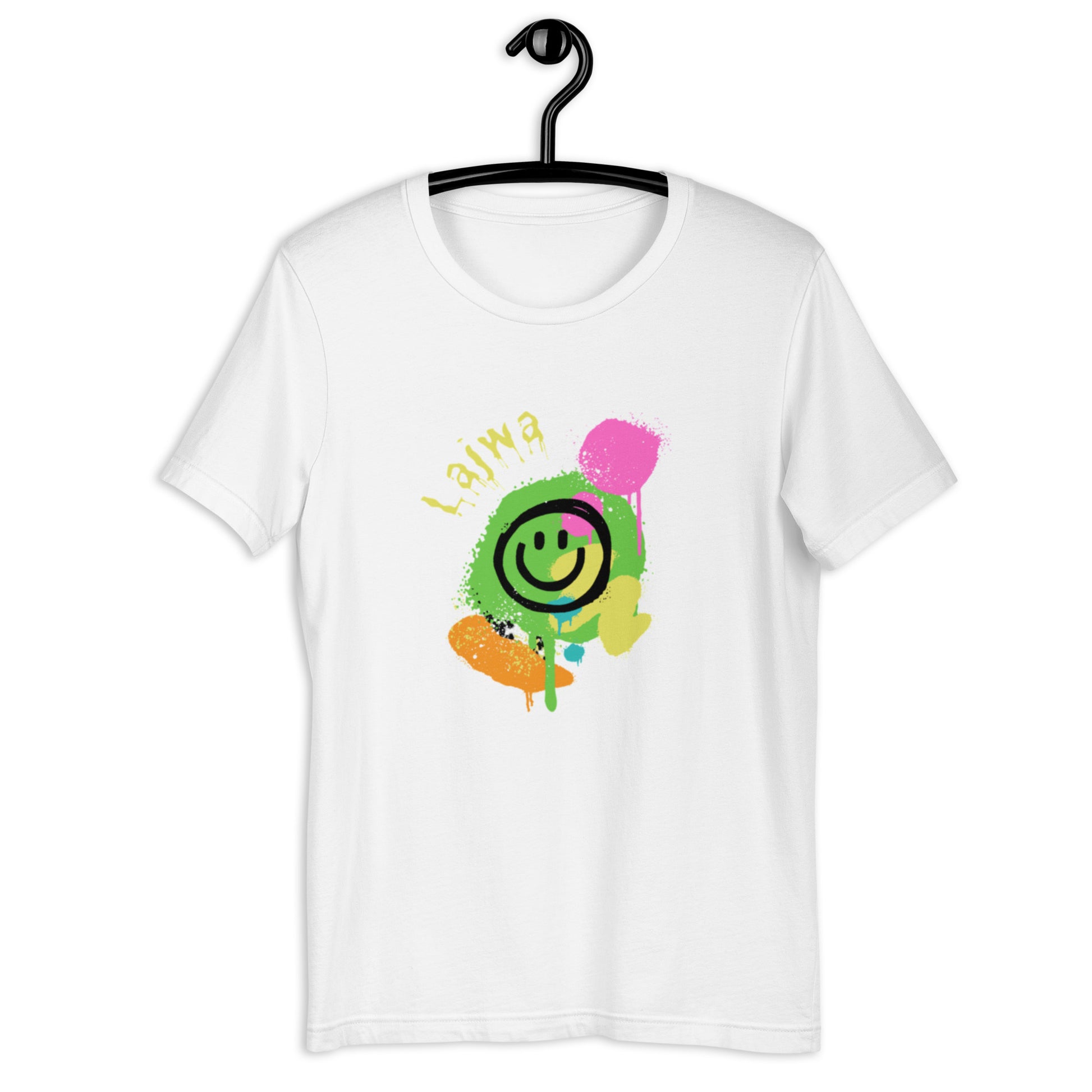 White Bella+Canvas 'Lajwa' unisex T-shirt (front view) with a colorful dripping paint smiley face graphic in bright pink, green, orange, and yellow.