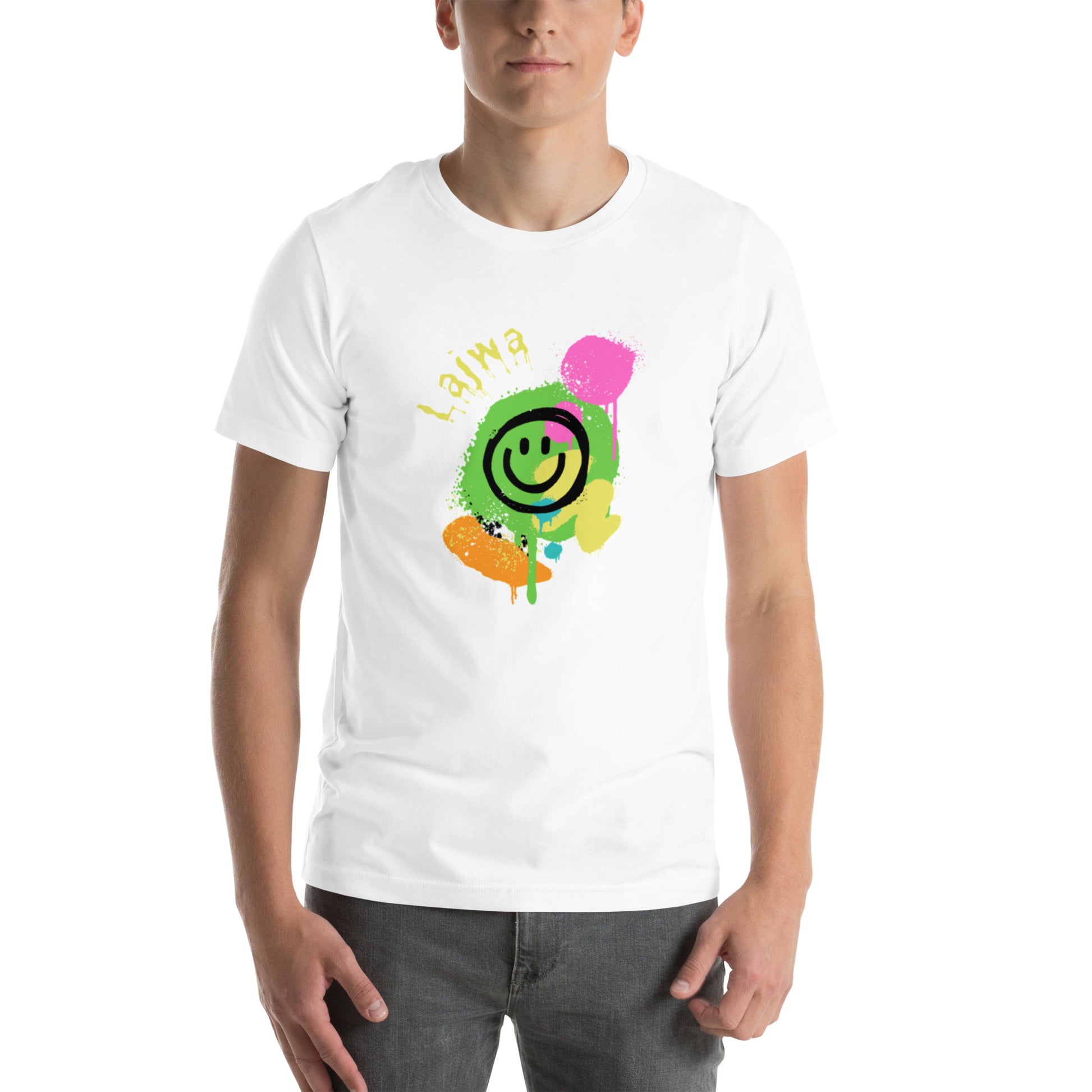 White male model wearing a Bella+Canvas 'Lajwa' unisex T-shirt (front view) with a colorful dripping paint smiley face graphic in bright pink, green, orange, and yellow.