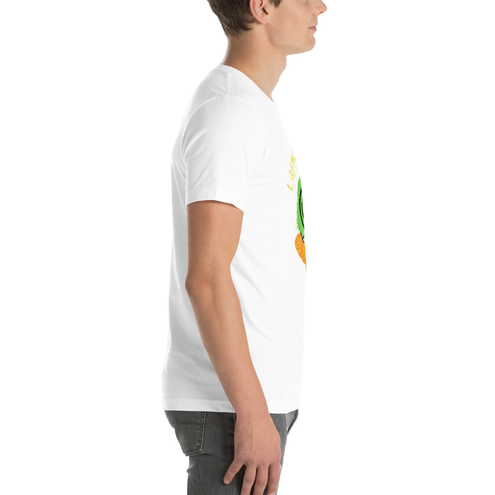 White male model wearing a Bella+Canvas 'Lajwa' unisex T-shirt (right side view) with a colorful dripping paint smiley face graphic in bright pink, green, orange, and yellow.