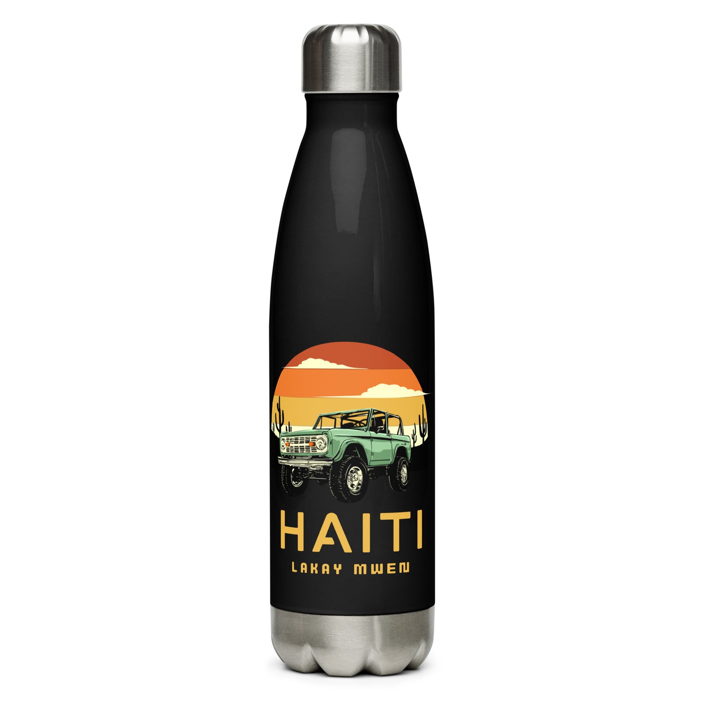 A black insulated water bottle with a silver cap and base, featuring a circular orange and yellow sunset graphic with a green vintage Jeep, black mountains, and cactus silhouettes. The text 'HAITI' is below the graphic in orange, with 'LAKAY MWEN' underneath it(front view)