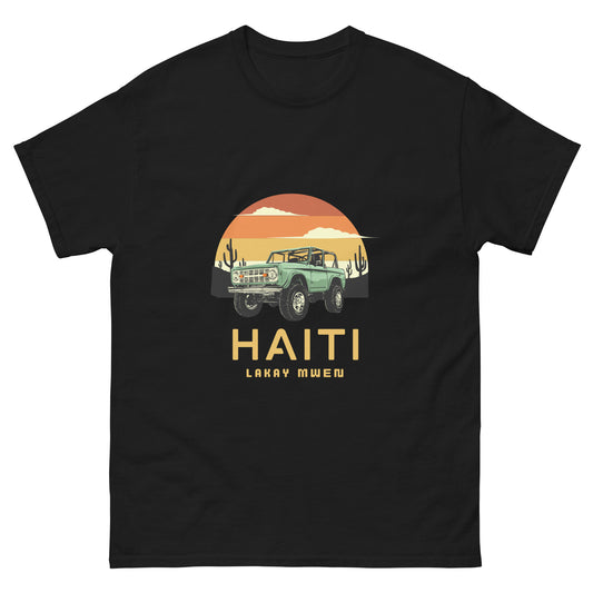 Black Bella+Canvas 'Haiti Lakay Mwen' unisex T-shirt featuring a retro sunset and green vintage Jeep graphic