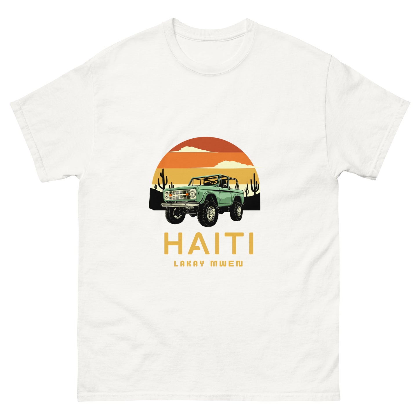 White Bella+Canvas 'Haiti Lakay Mwen' unisex T-shirt featuring a retro sunset and green vintage Jeep graphic.