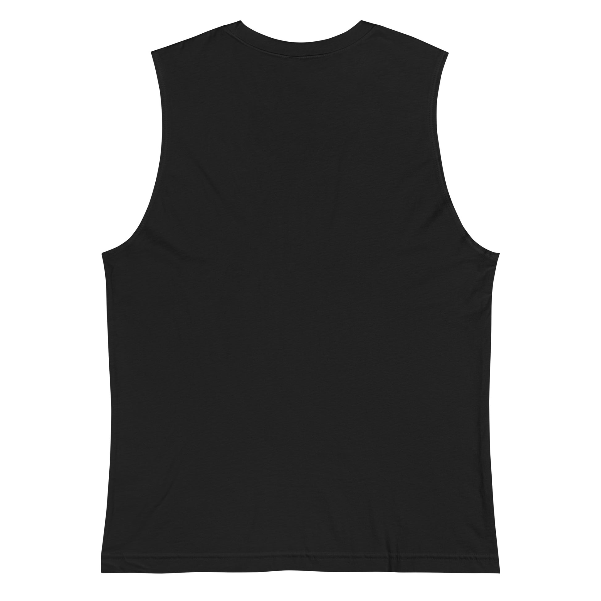 Black Bella+Canvas 'HAYTI PAYS DE RÊVE' unisex muscle tank top (back view) featuring a golden hour sunset graphic with palm trees and twinkling stars.