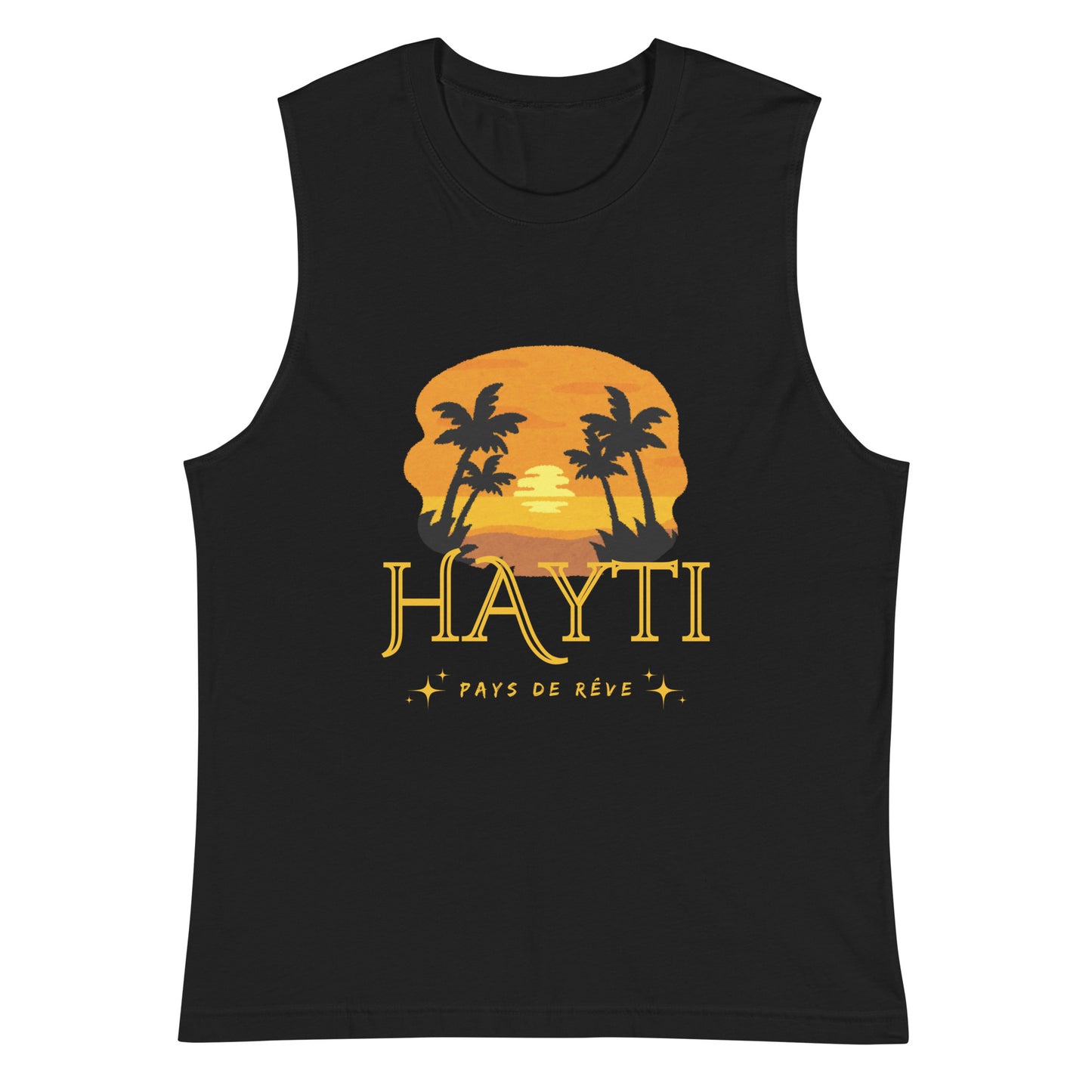black Bella+Canvas 'HAYTI PAYS DE RÊVE' unisex muscle tank top (front view) featuring a golden hour sunset graphic with palm trees and twinkling stars
