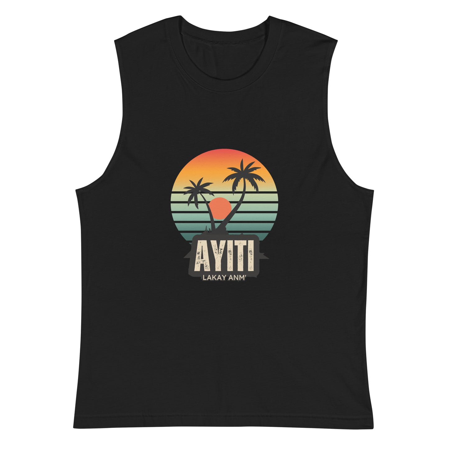 Black Bella+Canvas 'AYITI LAKAY ANM'' unisex muscle tank top (front view) with a vibrant orange and blue sunset graphic featuring two palm trees silhouetted