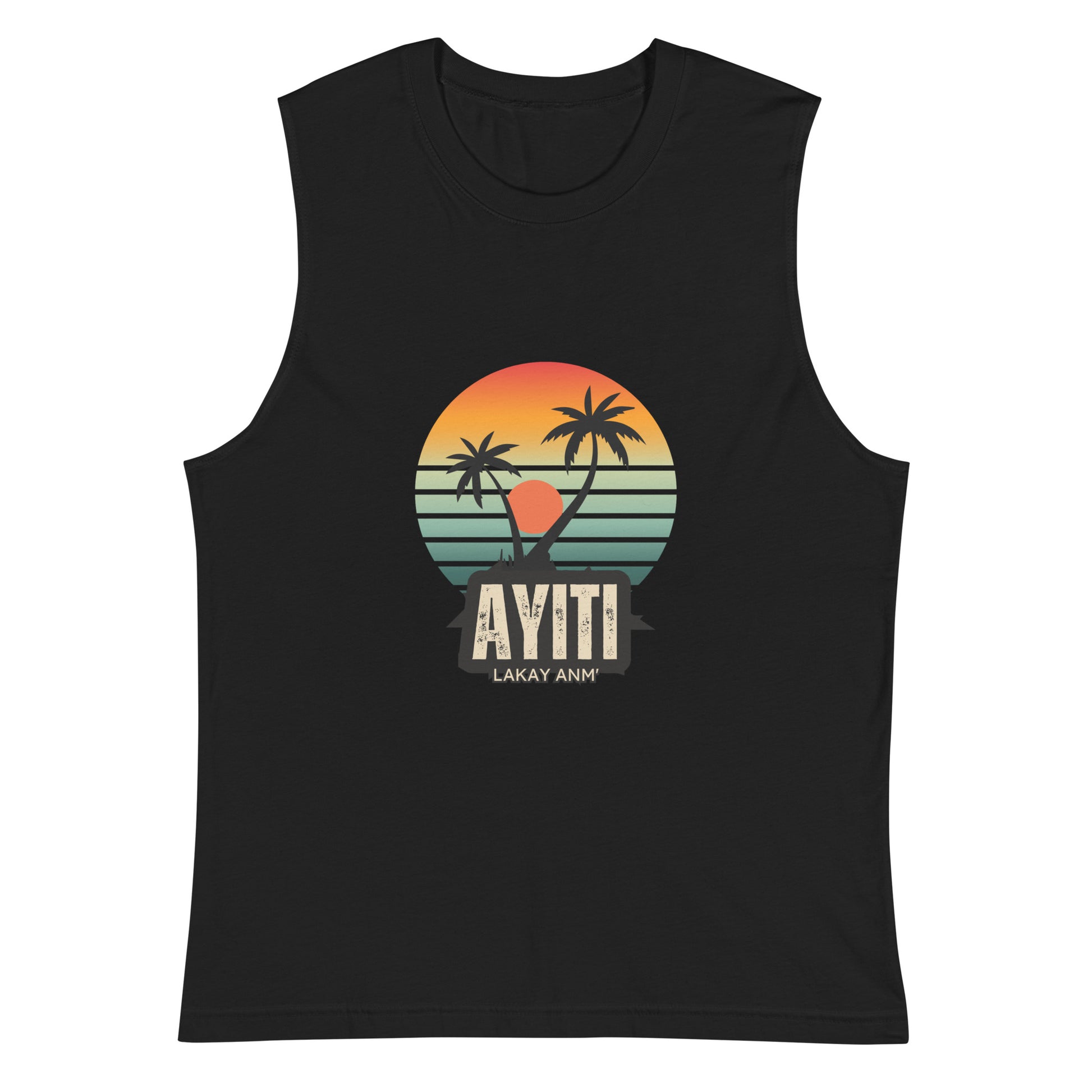 Black Bella+Canvas 'AYITI LAKAY ANM'' unisex muscle tank top (front view) with a vibrant orange and blue sunset graphic featuring two palm trees silhouetted
