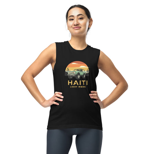 Female model wearing a black Bella+Canvas 'HAITI LAKAY MWEN' unisex muscle tank top (front view) featuring a retro sunset and green vintage Jeep graphic. White background.