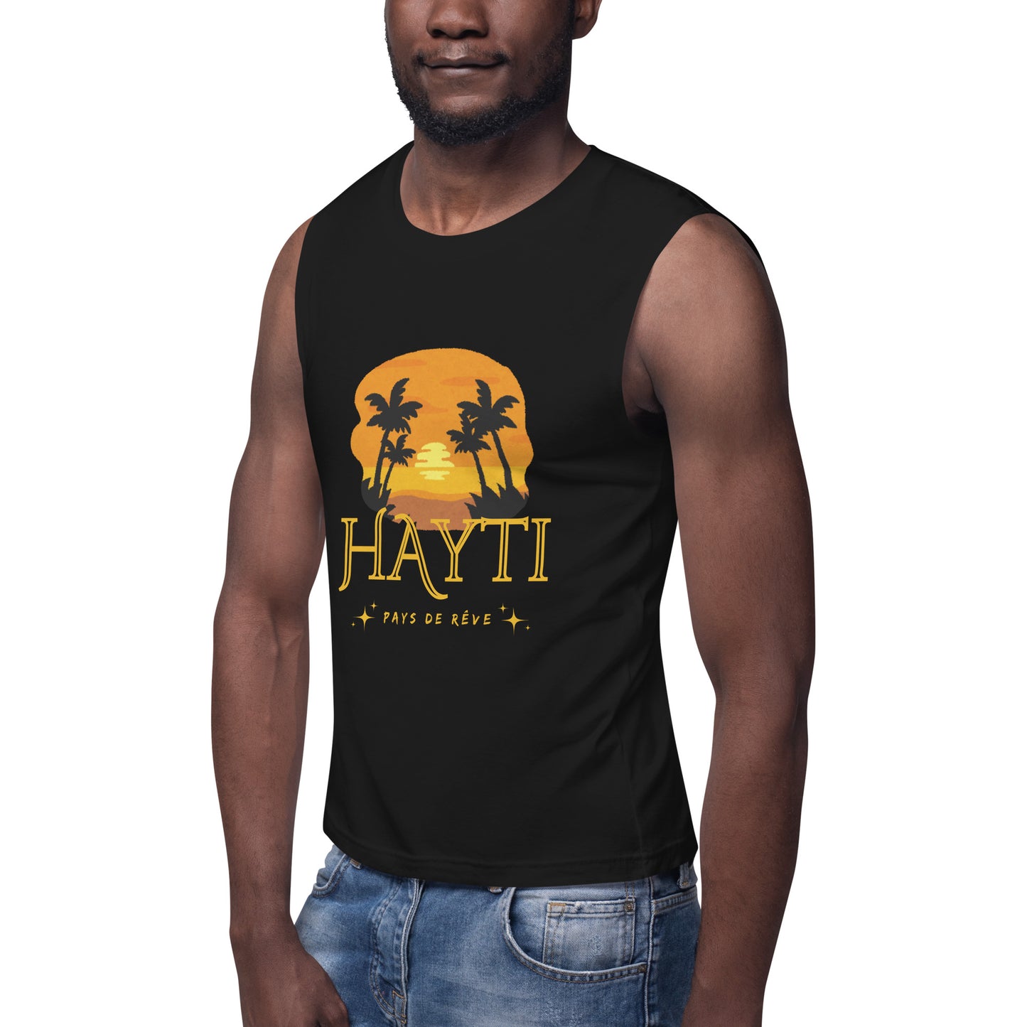 Black male model wearing a Bella+Canvas 'HAYTI PAYS DE RÊVE' unisex muscle tank top (front view) featuring a golden hour sunset graphic with palm trees and twinkling stars.