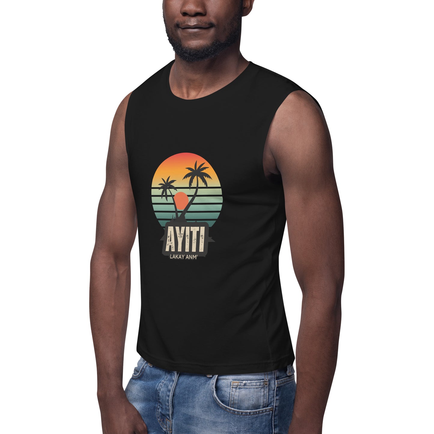 Black male model wearing Bella+Canvas 'AYITI LAKAY ANM'' unisex muscle tank top (front view) with a vibrant orange and blue sunset graphic featuring two palm trees silhouetted.