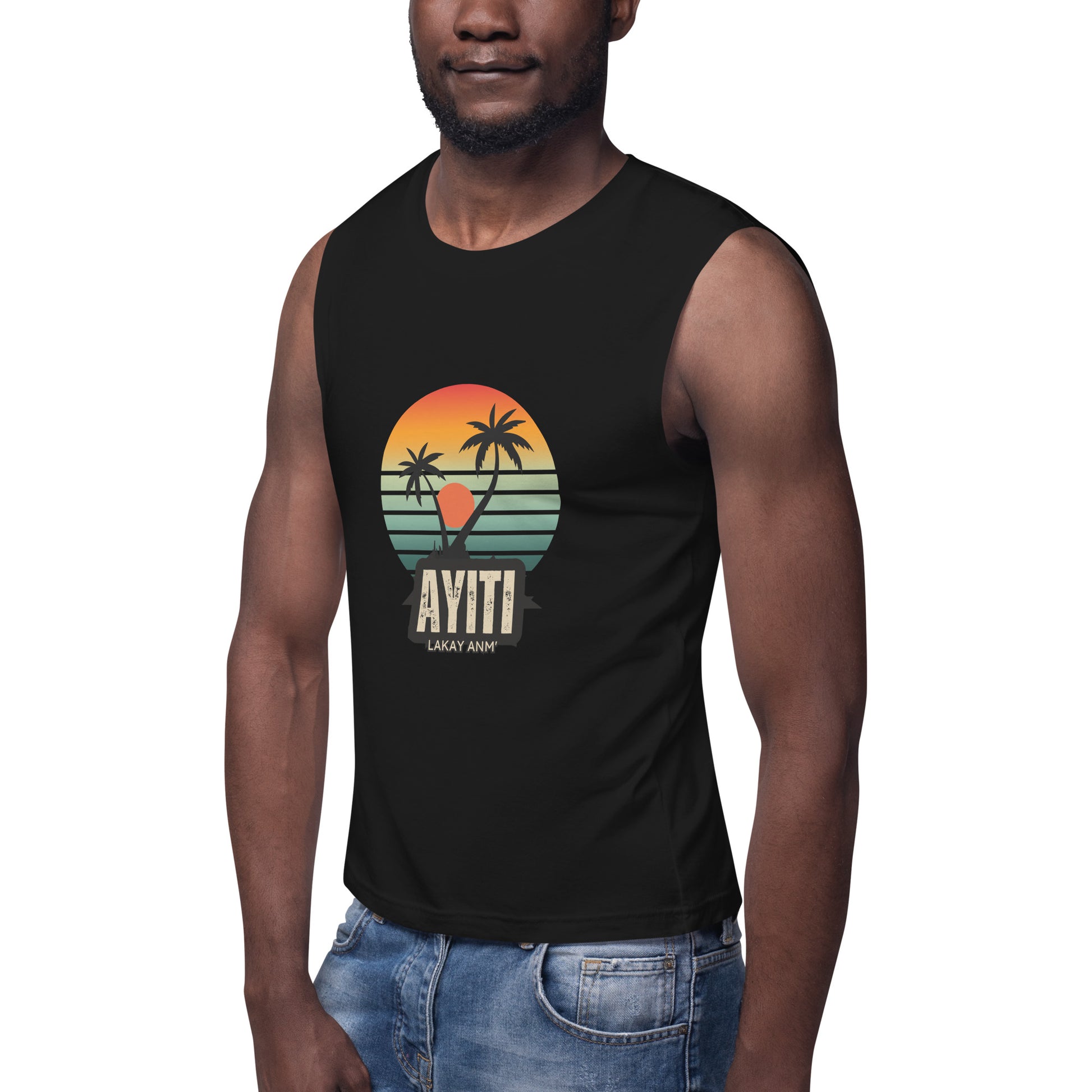 Black male model wearing Bella+Canvas 'AYITI LAKAY ANM'' unisex muscle tank top (front view) with a vibrant orange and blue sunset graphic featuring two palm trees silhouetted.