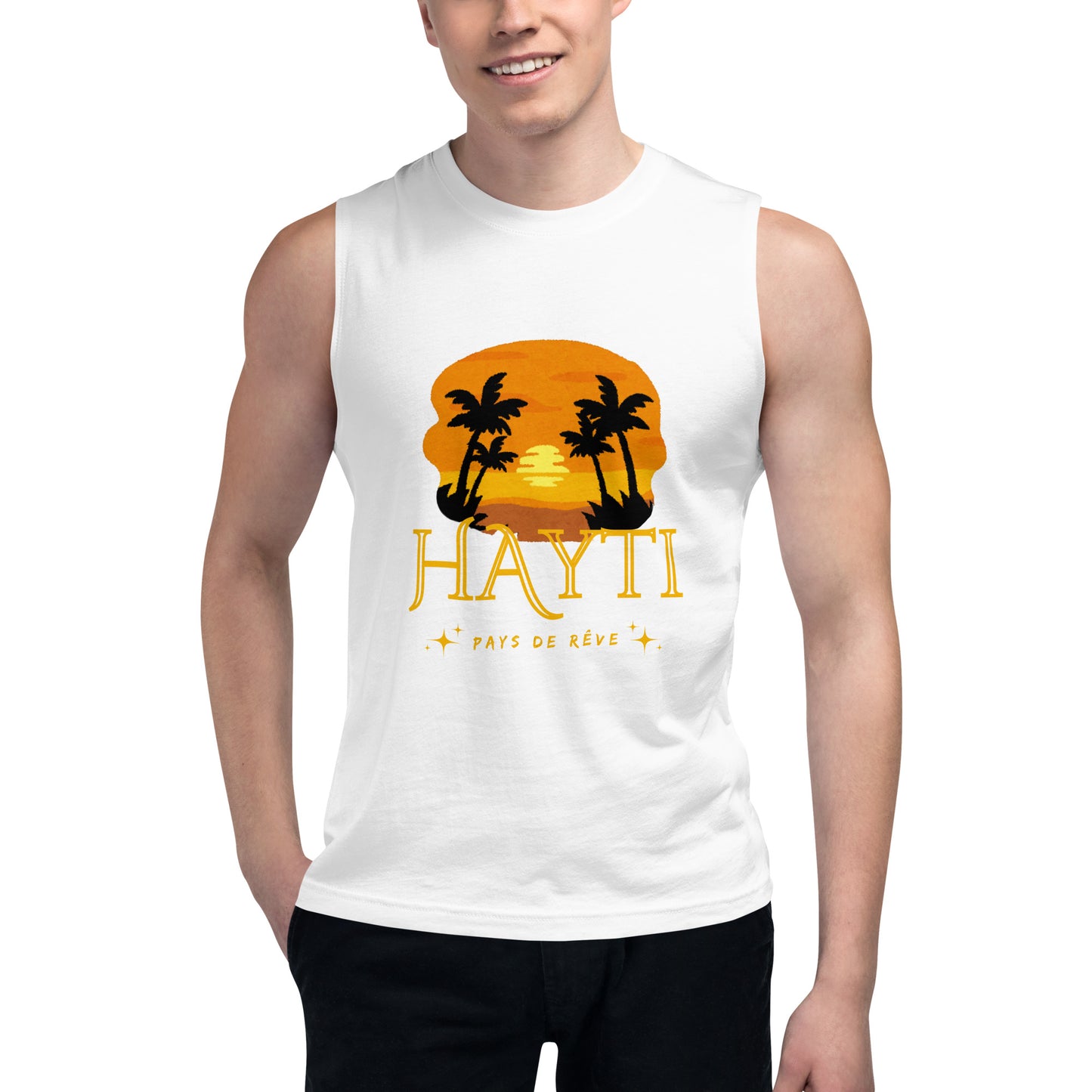 White male model wearing a Bella+Canvas 'HAYTI PAYS DE RÊVE' unisex muscle tank top (front view) featuring a golden hour sunset graphic with palm trees and twinkling stars. White background.