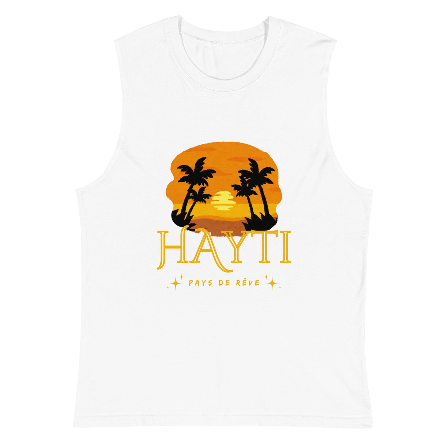 White Bella+Canvas 'HAYTI PAYS DE RÊVE' unisex muscle tank top (front view) featuring a golden hour sunset graphic with palm trees and twinkling stars