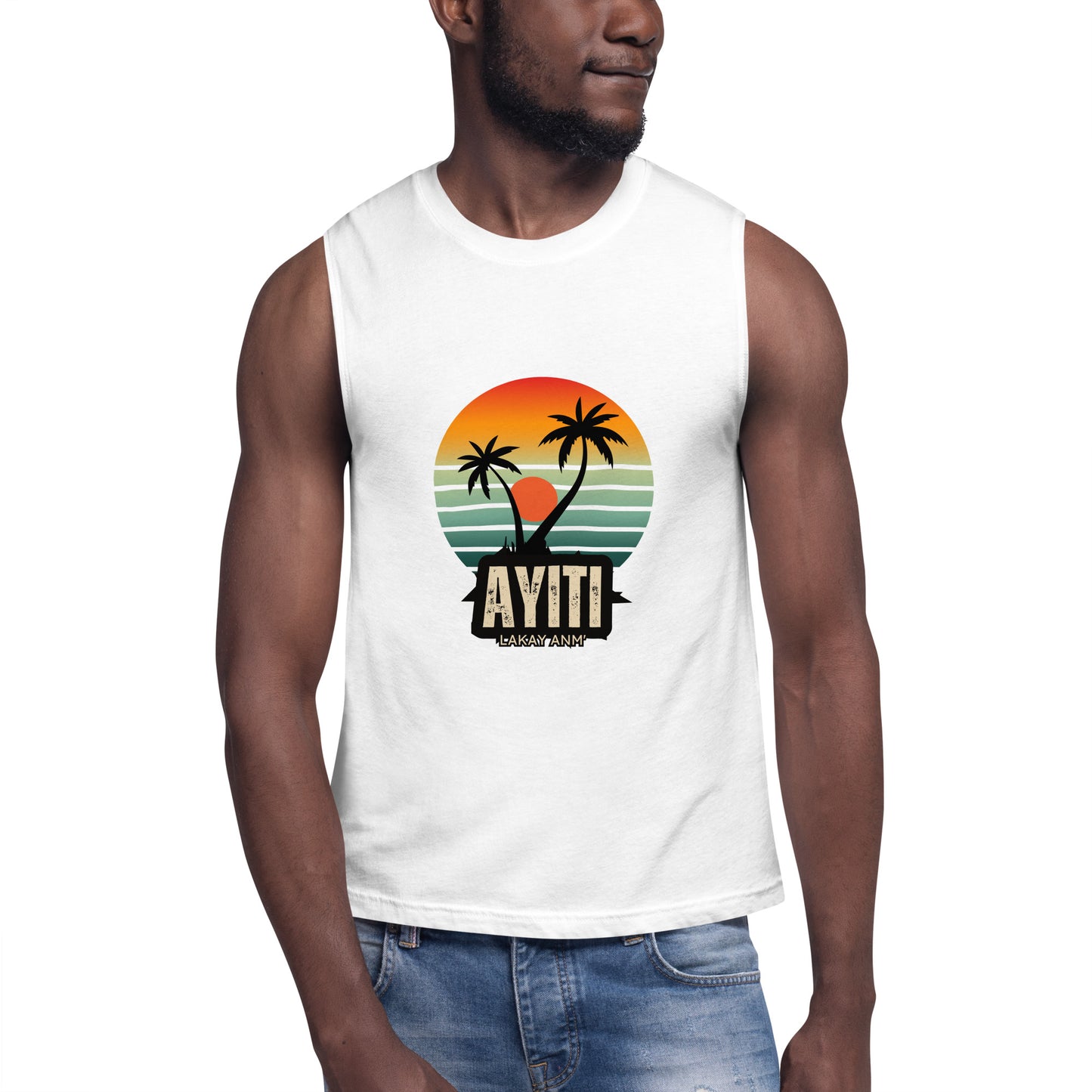 Black male model wearing Bella+Canvas 'AYITI LAKAY ANM'' unisex muscle tank top (front view) with a vibrant orange and blue sunset graphic featuring two palm trees silhouetted. White background.