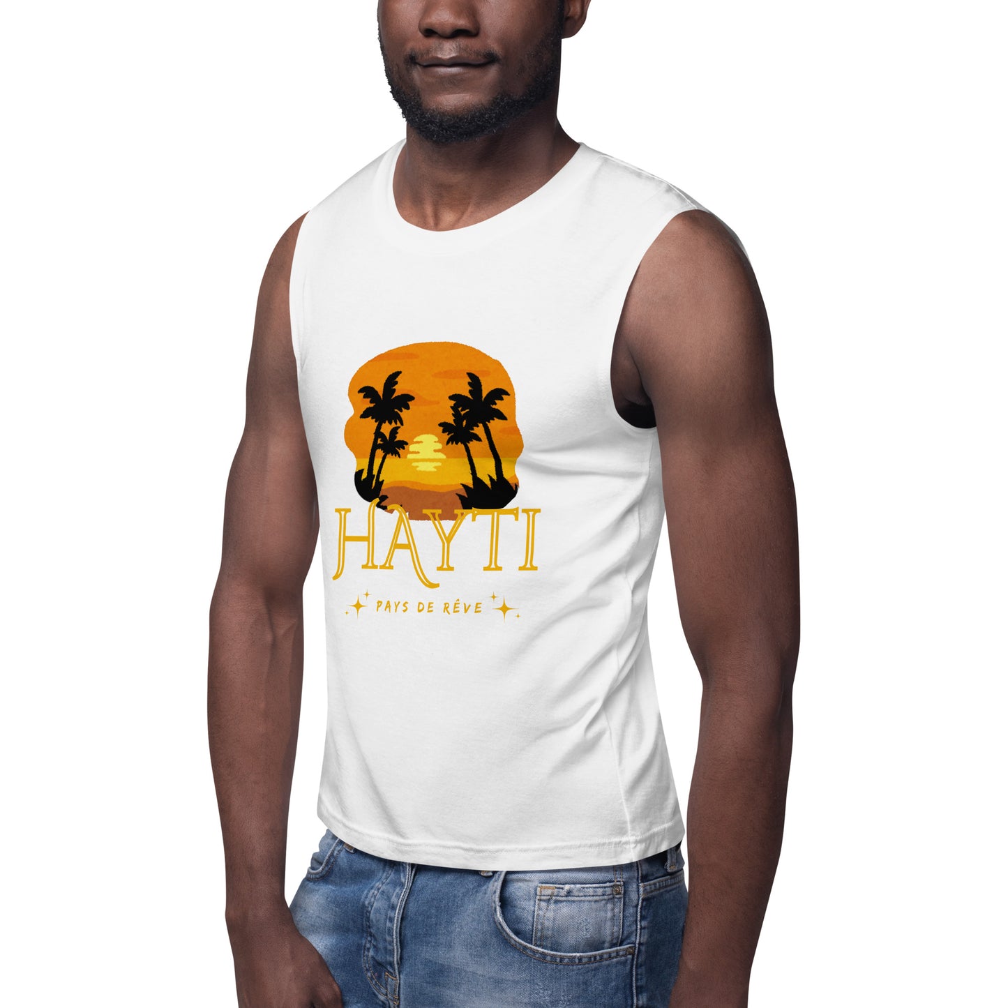 Black male model wearing a white Bella+Canvas 'HAYTI PAYS DE RÊVE' unisex muscle tank top (front view) featuring a golden hour sunset graphic with palm trees and twinkling stars