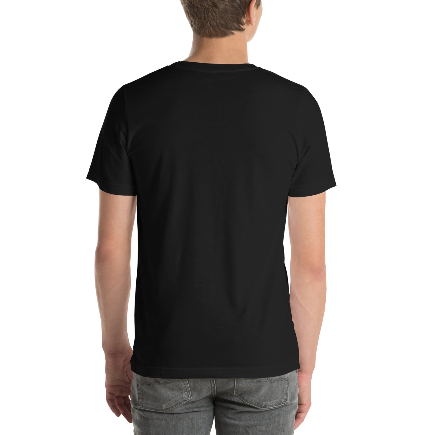 White Male model wearing a black Bella+Canvas 'LAVI S'ON BÈL RANS' unisex T-shirt (back view) featuring cream text and a realistic white floral graphic. 